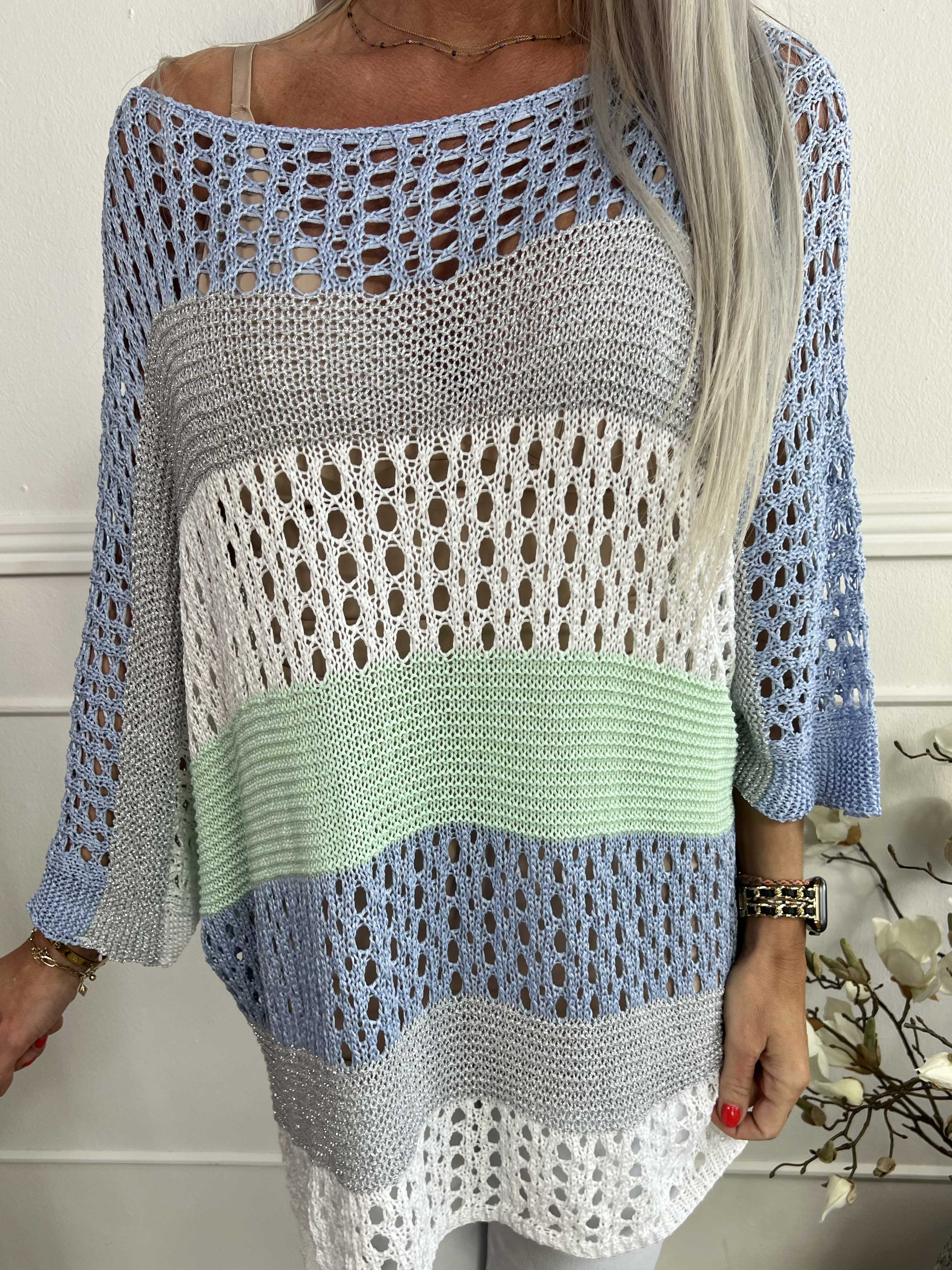 Evelina - Randig stickning med hålmönster och glittertrådar